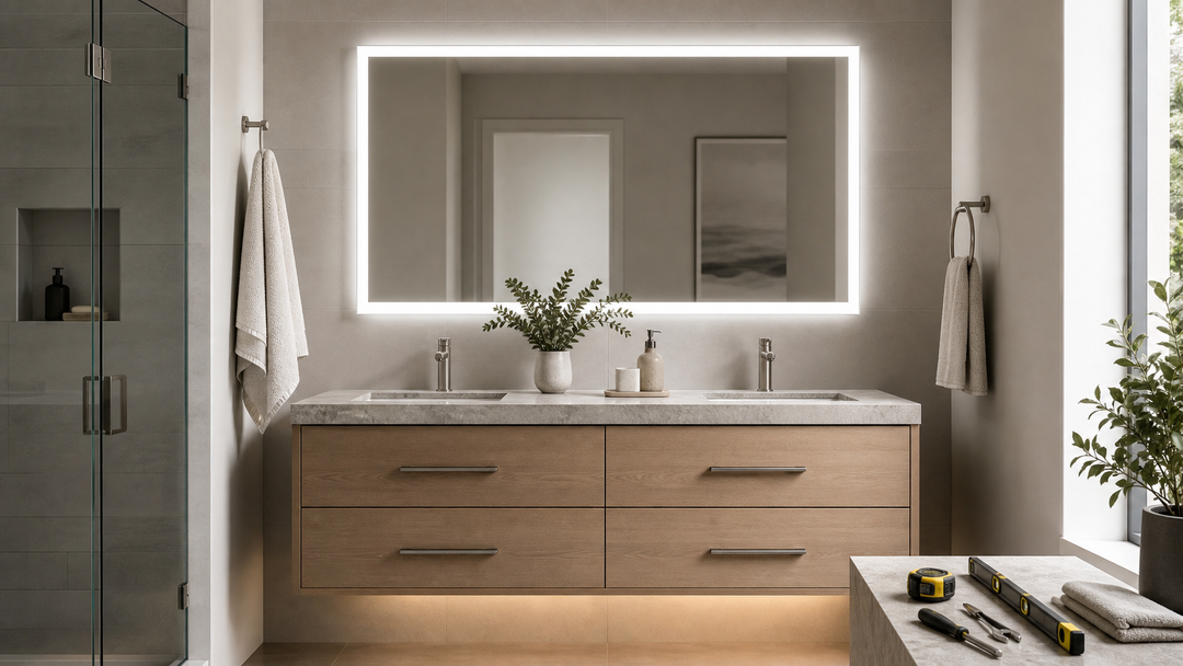 Modern bathroom vanity with a front-lit LED mirror prepared for installation