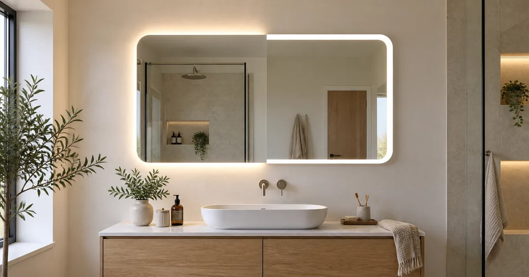 An editorial bathroom scene comparing soft backlit halo light with a front-lit mirror edge.