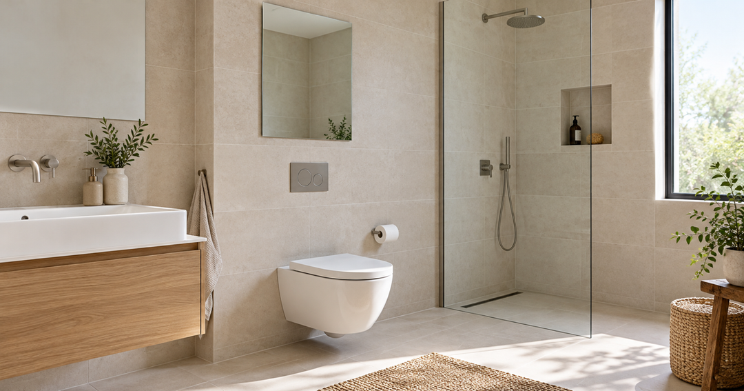 Calm bathroom with a wall-hung toilet, a simple mirror above the flush plate and a basin beside it