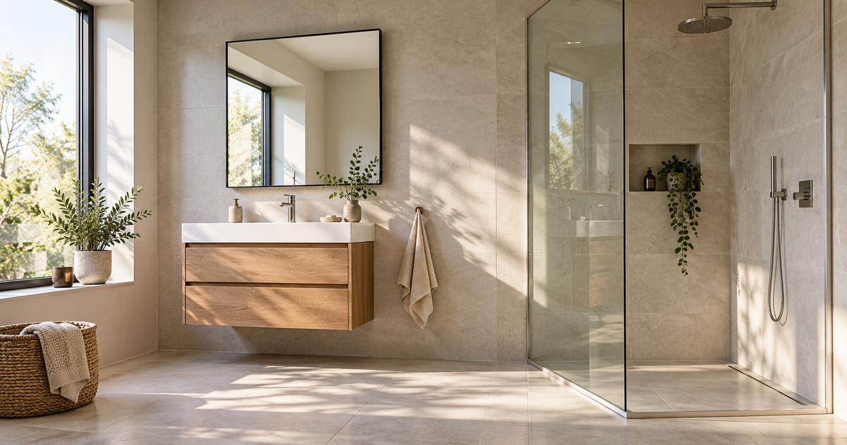Bathroom basin, wall mirror and shower screen shown as a room-planning layout