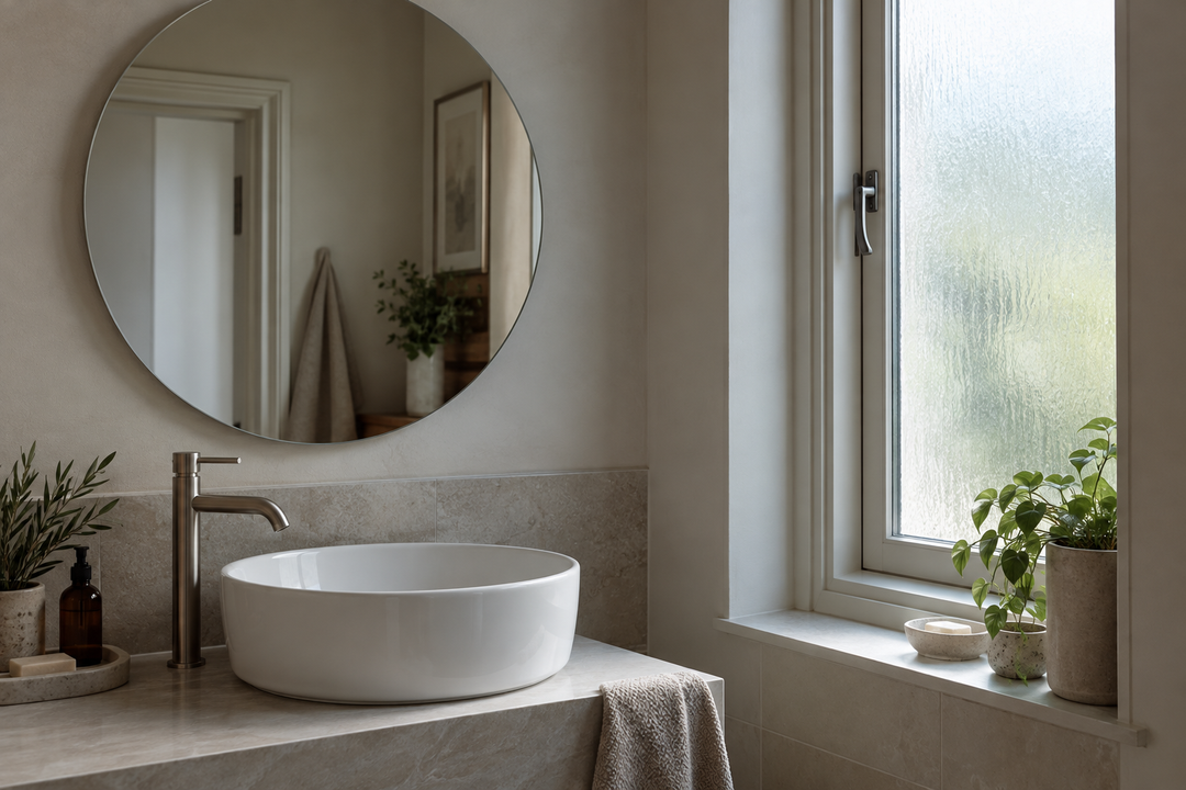 Original bathroom with a round wall mirror beside a frosted window and countertop basin