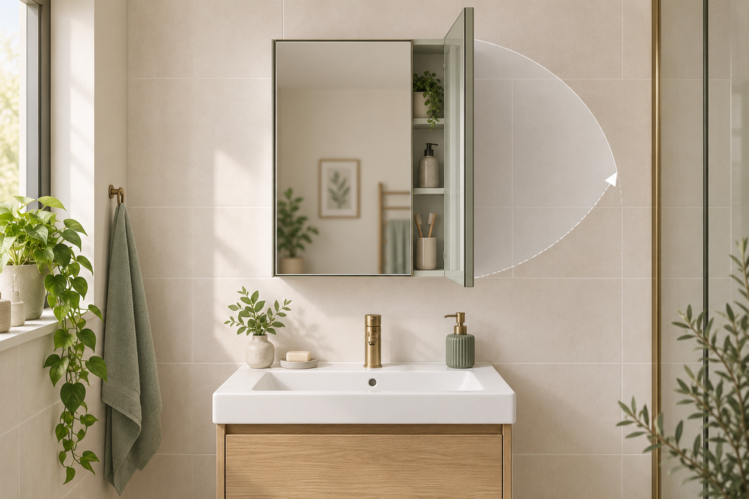 Original planning illustration of a bathroom basin wall, mirror cabinet outline, tap zone and door-opening arc