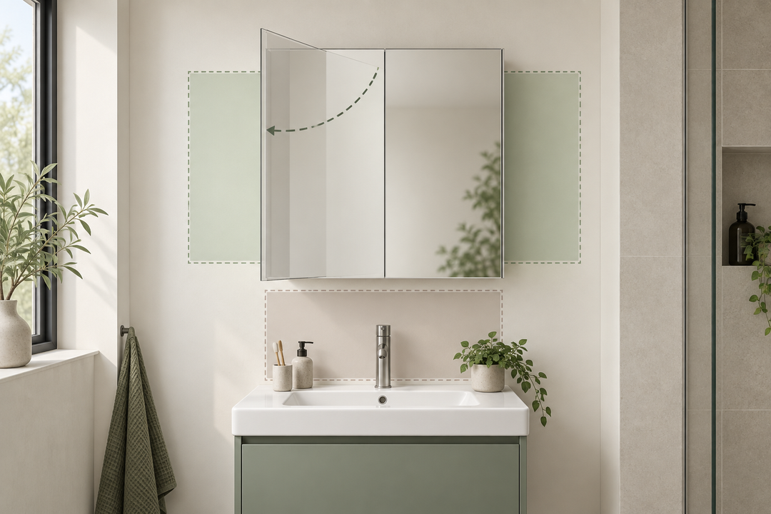 Original planning illustration showing a basin wall, mirror cabinet outline, tap zone and door-opening arc