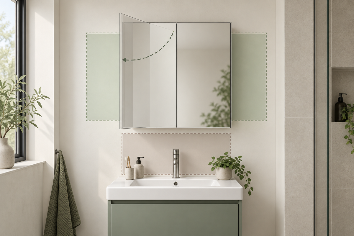 Original planning illustration showing a basin wall, mirror cabinet outline, tap zone and door-opening arc