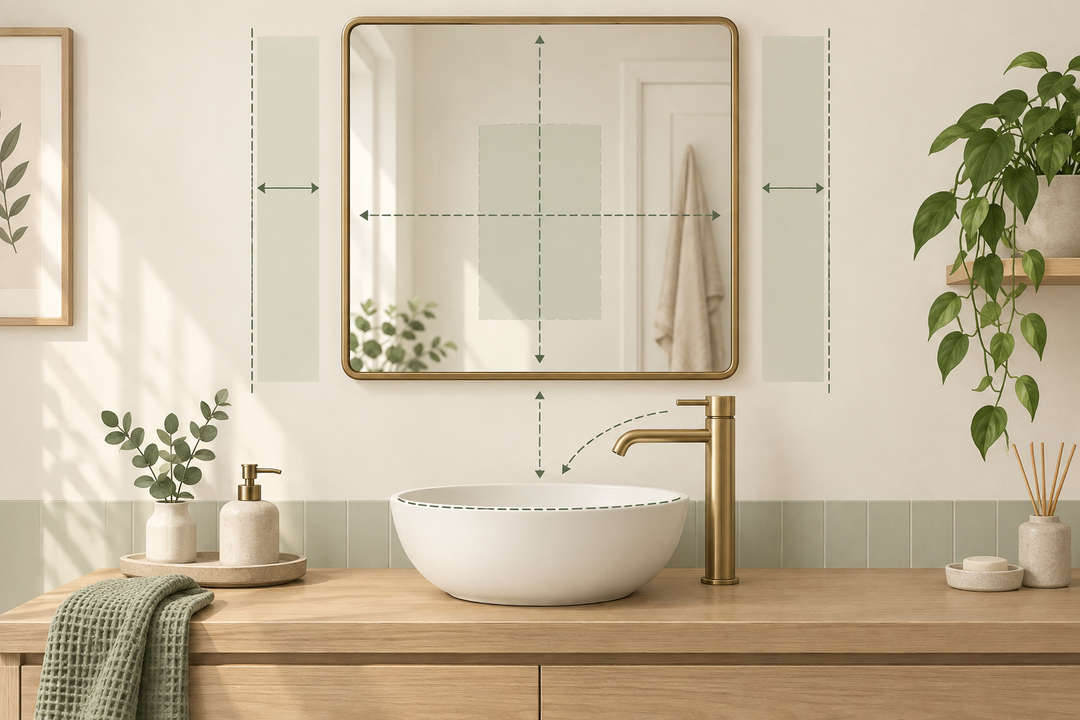 Original planning illustration of a countertop basin, tap reach, mirror outline and clear reflection zone