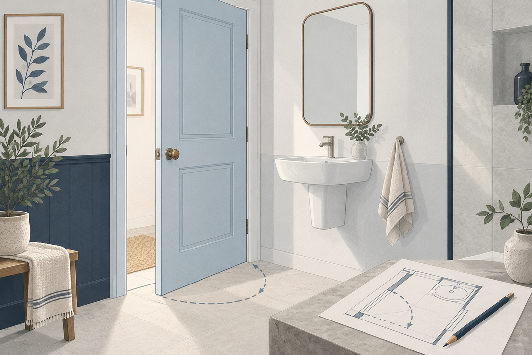 Original editorial illustration of a bathroom door opening beside a basin and a wall-mounted mirror planning outline