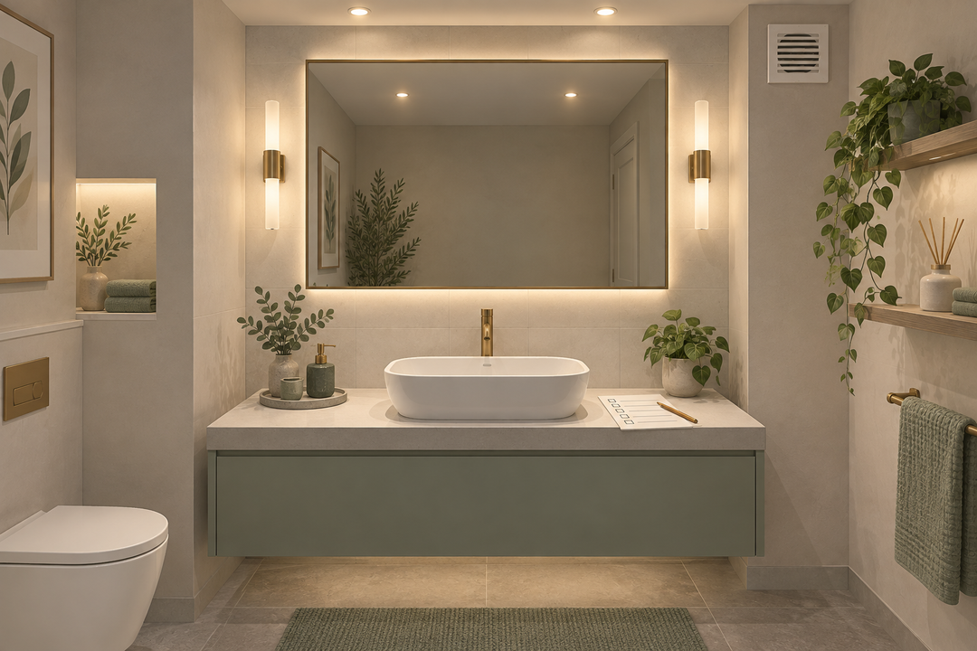 Original editorial illustration of a windowless bathroom with a basin, rectangular mirror, layered lights and extractor grille