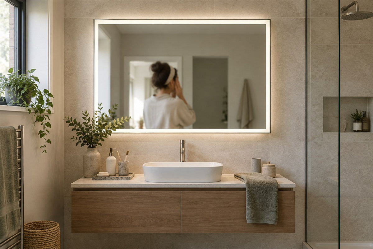 Original bathroom vanity scene with an illuminated rectangular mirror and a person preparing for a morning routine.