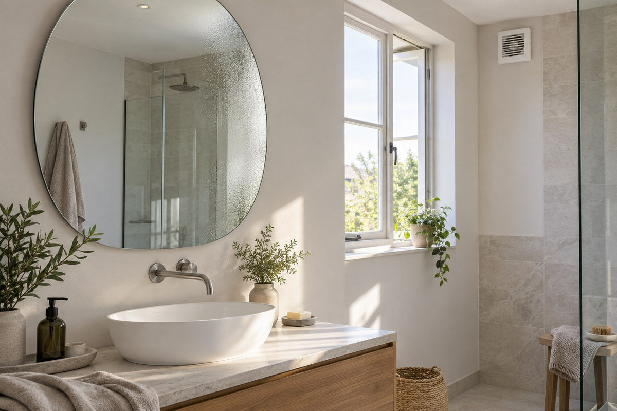 Original bright bathroom with a clear oval mirror above a basin and discreet ventilation.