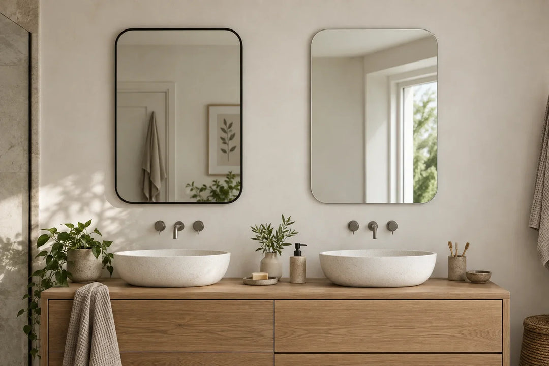 Original editorial bathroom scene comparing a thin black framed mirror and a frameless mirror above two basins.