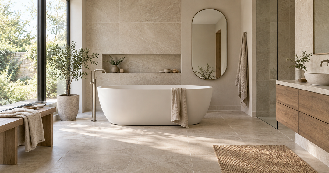 Freestanding bath and wall mirror in a calm bathroom planning setting