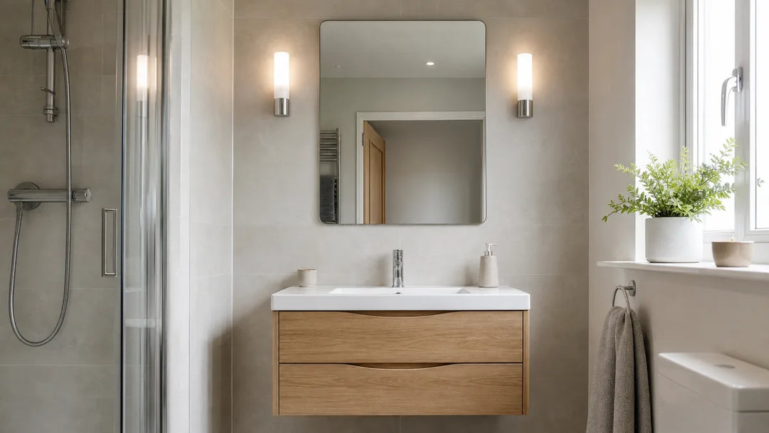 Bathroom mirror placed at a comfortable height above a UK vanity basin