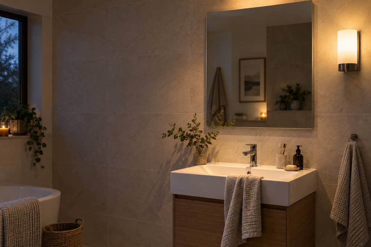 Original evening bathroom with a frameless wall mirror above a basin and a separate warm wall light