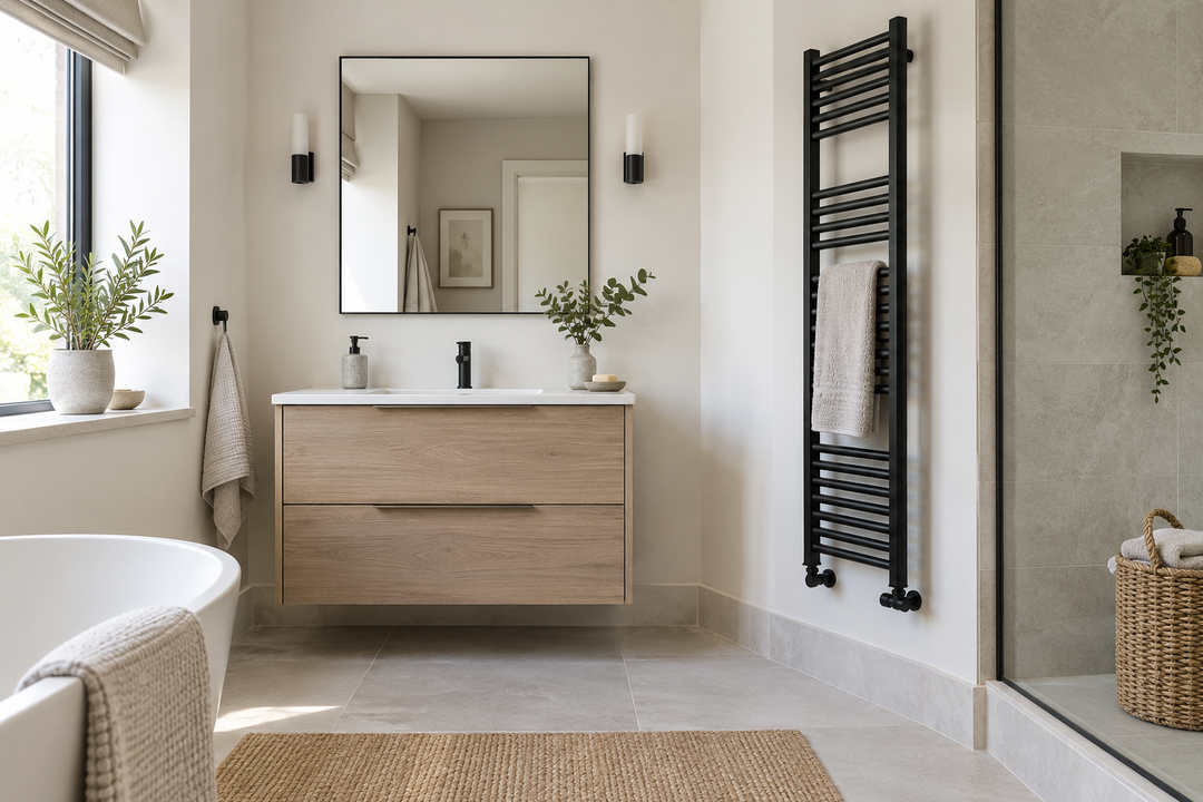 Original bathroom with a wall mirror above a basin and a black towel radiator on the adjacent wall