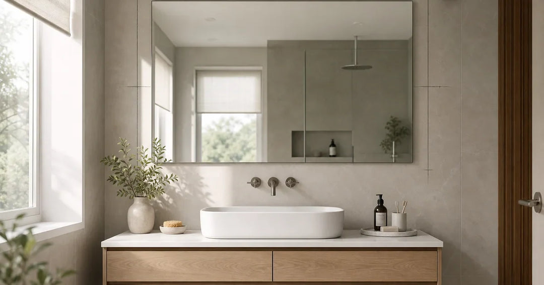 Wide UK bathroom vanity showing a balanced rectangular mirror above a basin for mirror size planning