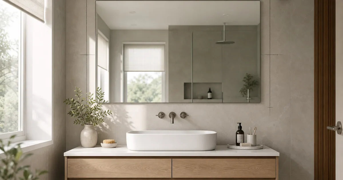 Wide UK bathroom vanity showing a balanced rectangular mirror above a basin for mirror size planning