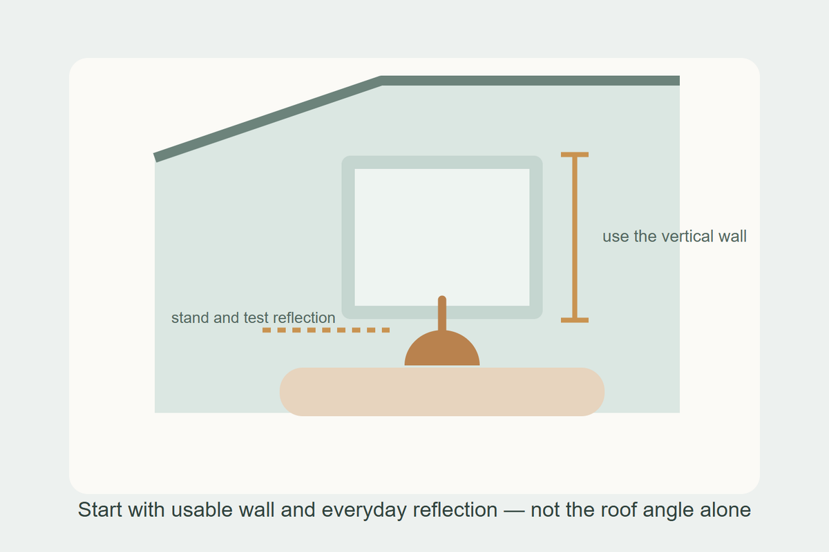 Original planning illustration of a sloped bathroom ceiling, vertical mirror wall, basin and reflection zone