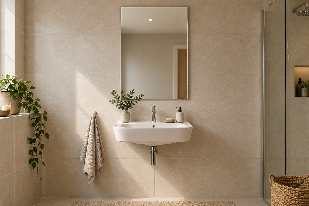 Original bathroom with a wall-hung basin and a vertical mirror centred above it