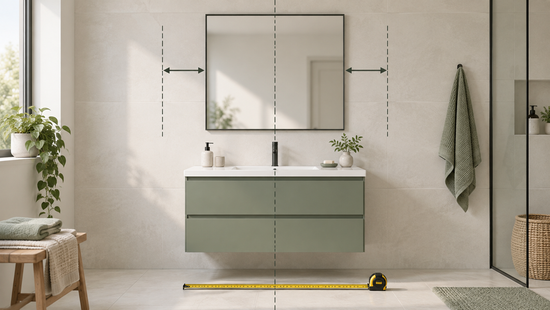 Original planning illustration of a mirror centred above a vanity with clear wall margins and a basin centreline.