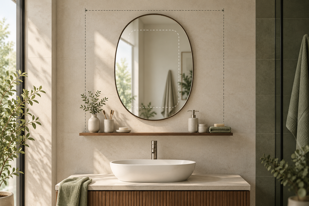 Original bathroom planning illustration showing an oval mirror, narrow shelf, basin and clear reflection zone