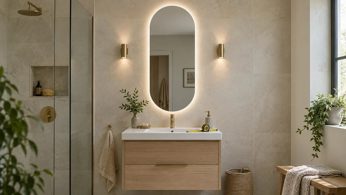 Original planning illustration of a capsule bathroom mirror above a compact vanity with clear wall space.