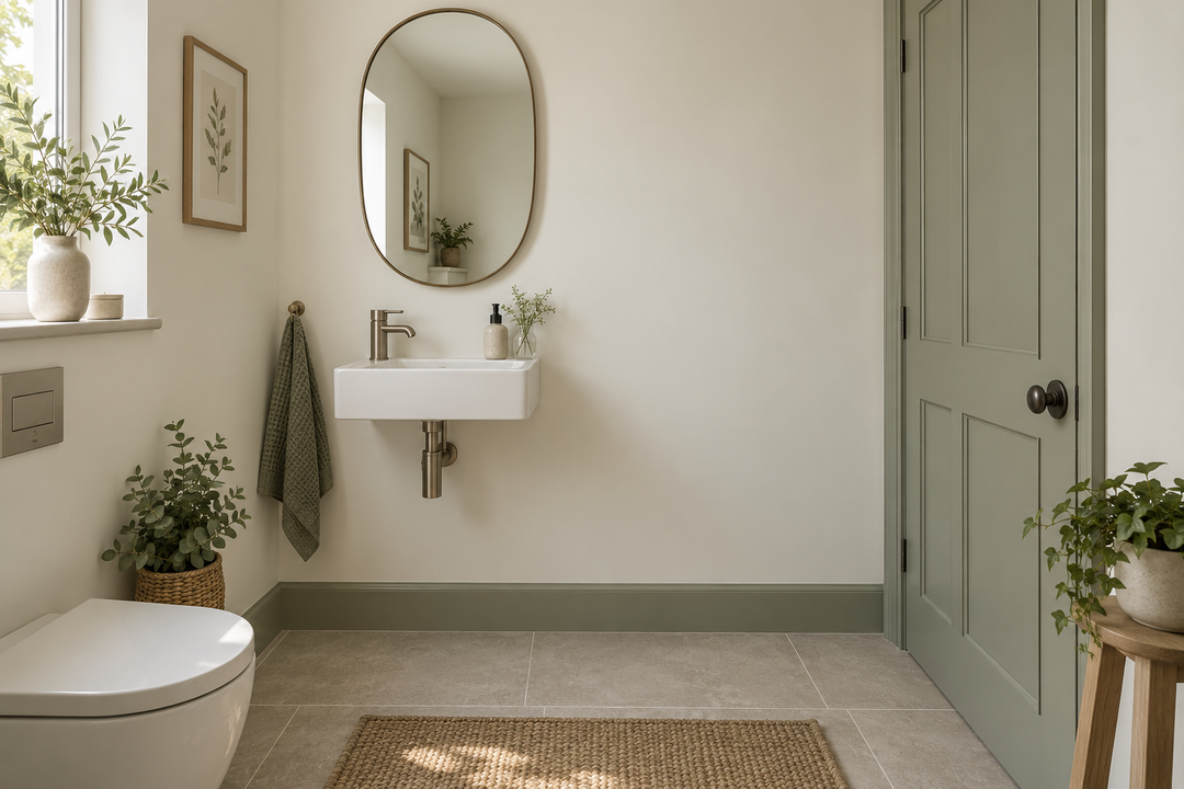 Original compact cloakroom bathroom with an oval wall mirror, narrow basin, usable wall space and a nearby door