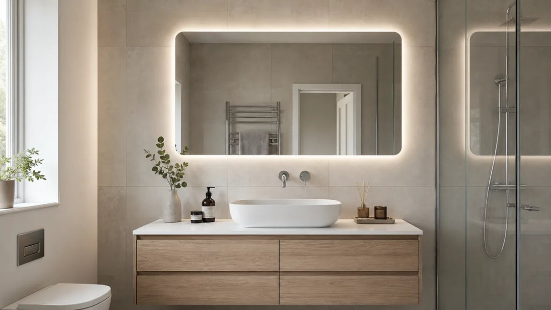 LED bathroom mirror softly lighting a modern UK vanity and basin area