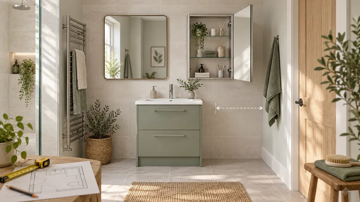 Original planning illustration showing a flat wall mirror and an open mirrored cabinet above a compact bathroom vanity.