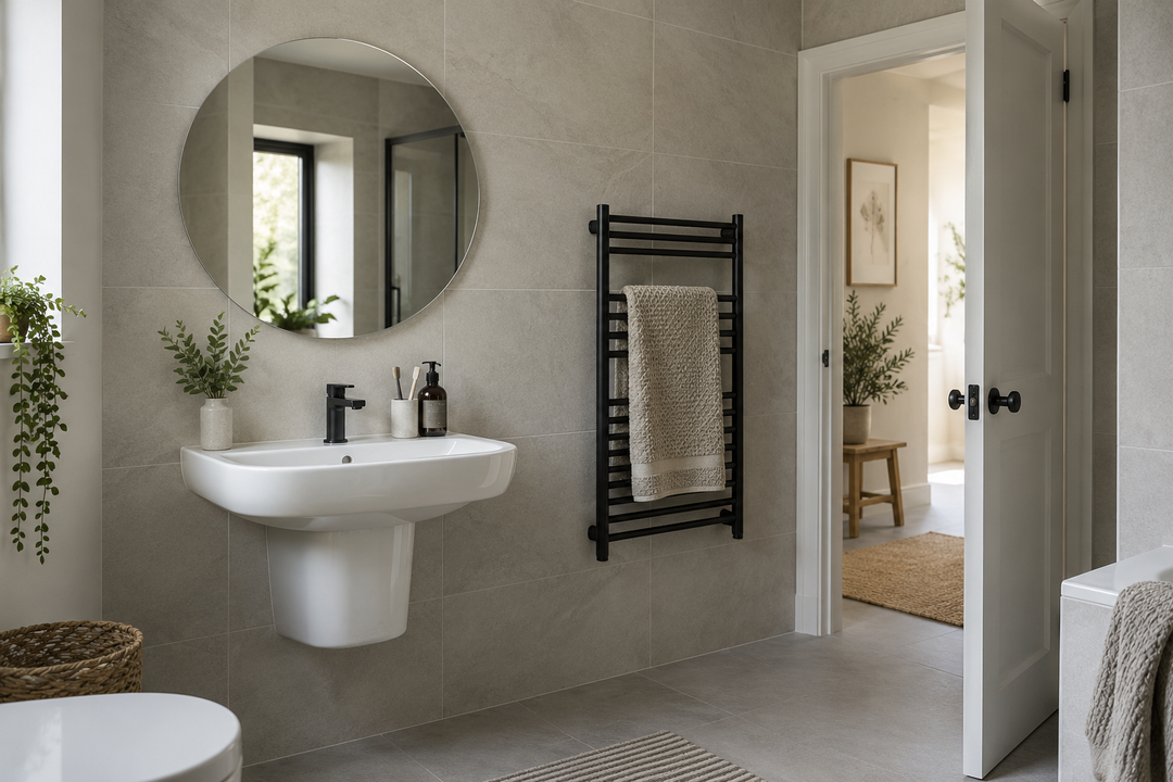 Original bathroom scene with a round wall mirror, black towel rail, basin and an open door showing the usable route