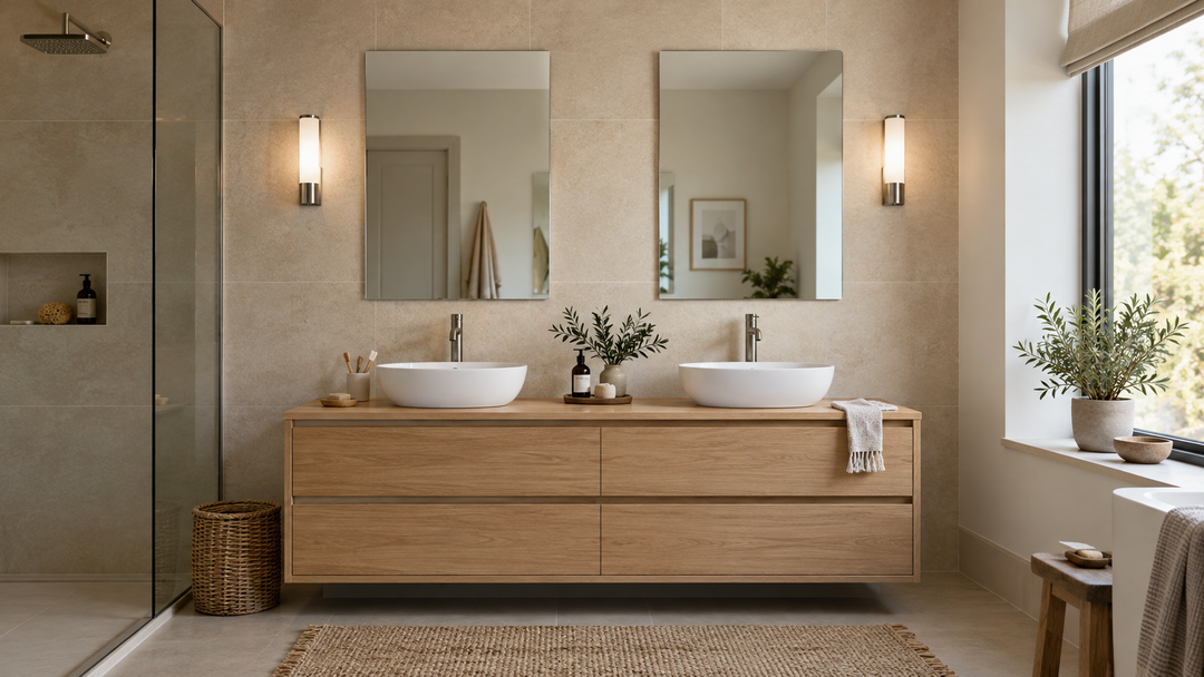 Two rectangular bathroom mirrors centred above a shared double vanity in a warm neutral bathroom.