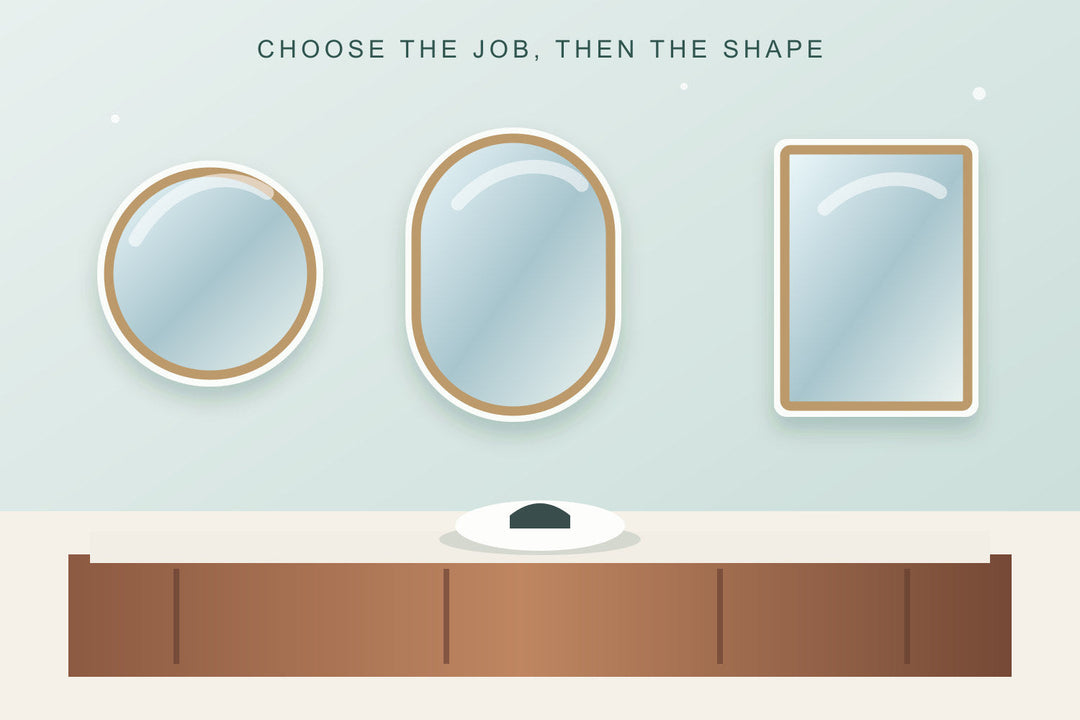 Original editorial illustration of round, oval and rectangular bathroom mirrors above a calm vanity wall.