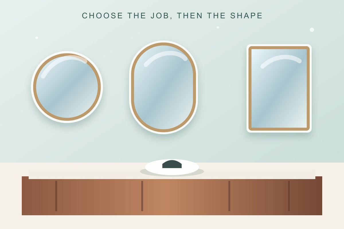 Original editorial illustration of round, oval and rectangular bathroom mirrors above a calm vanity wall.