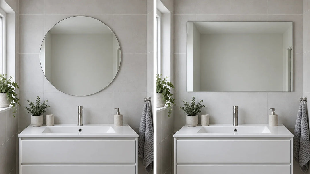 A paired illustration compares round and rectangular mirrors above a bathroom vanity.