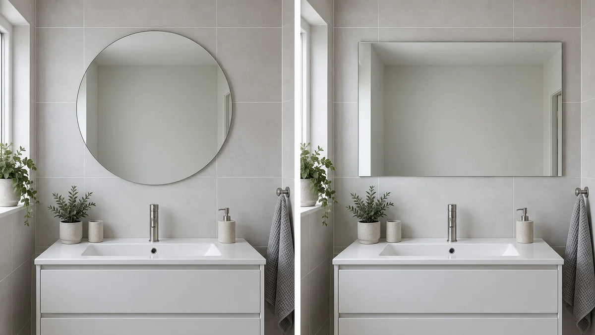 A paired illustration compares round and rectangular mirrors above a bathroom vanity.
