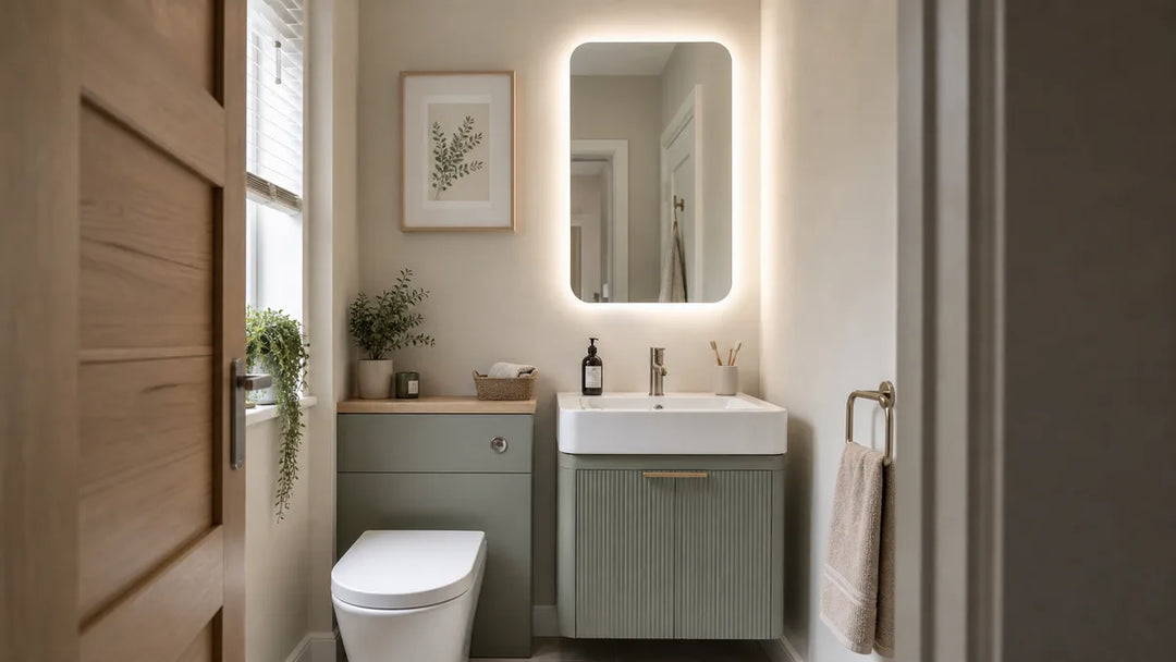 Small UK bathroom with a softly backlit mirror above a compact vanity