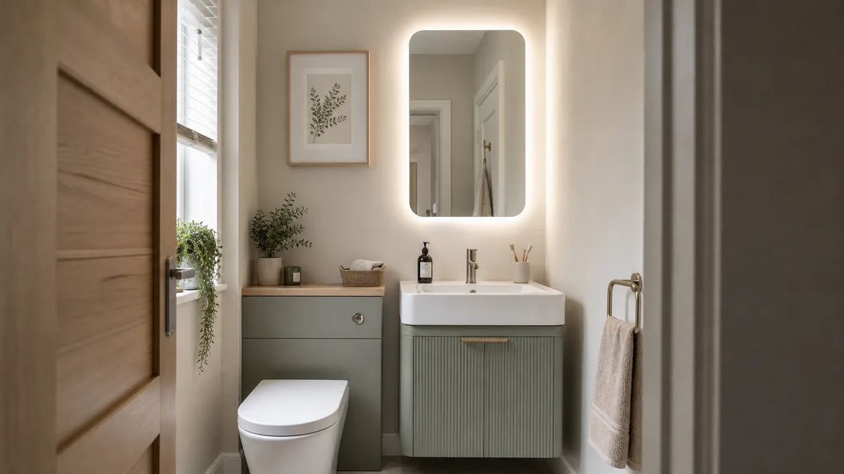 Small UK bathroom with a softly backlit mirror above a compact vanity