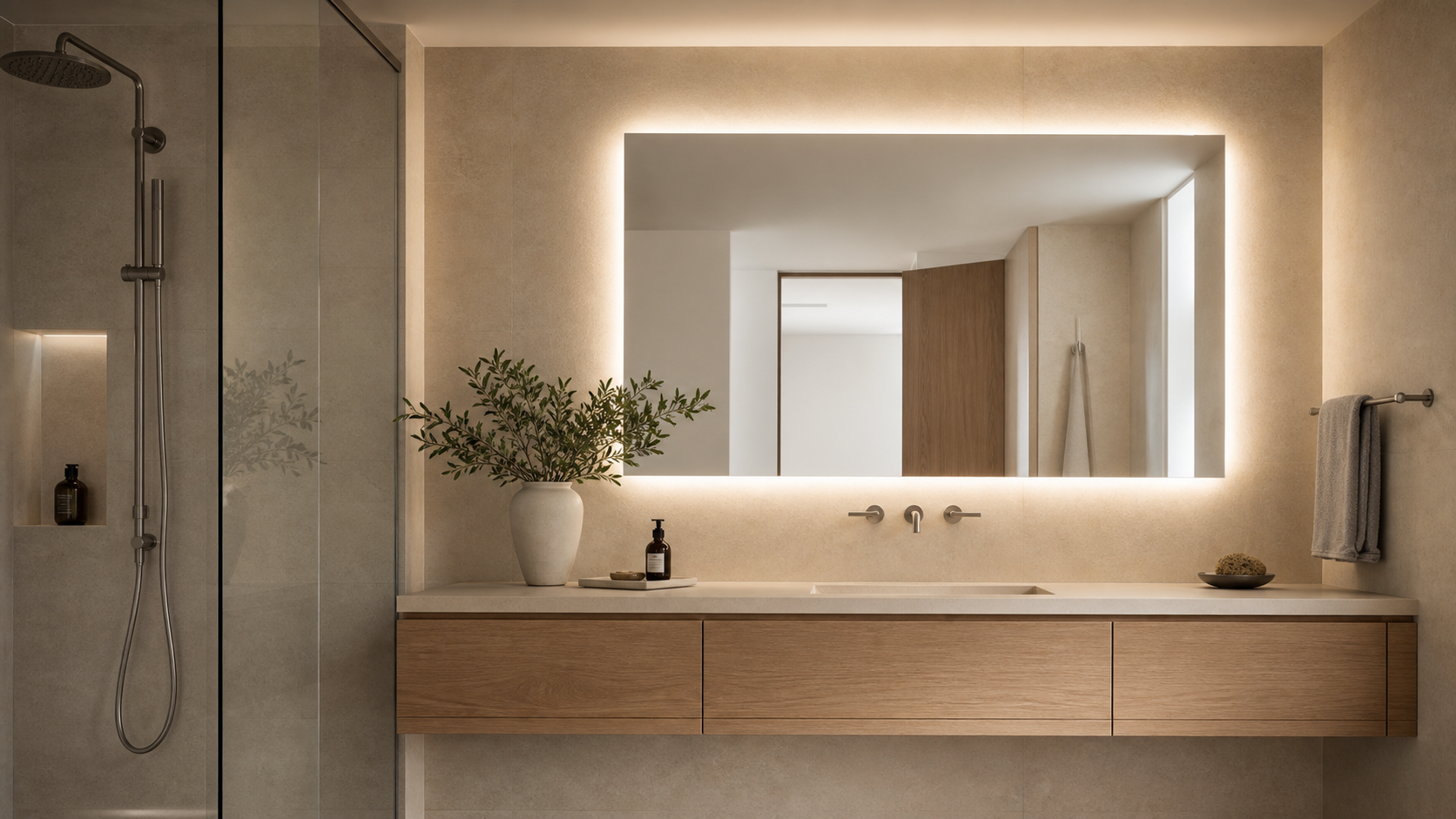 Small modern bathroom with a glowing backlit LED vanity mirror