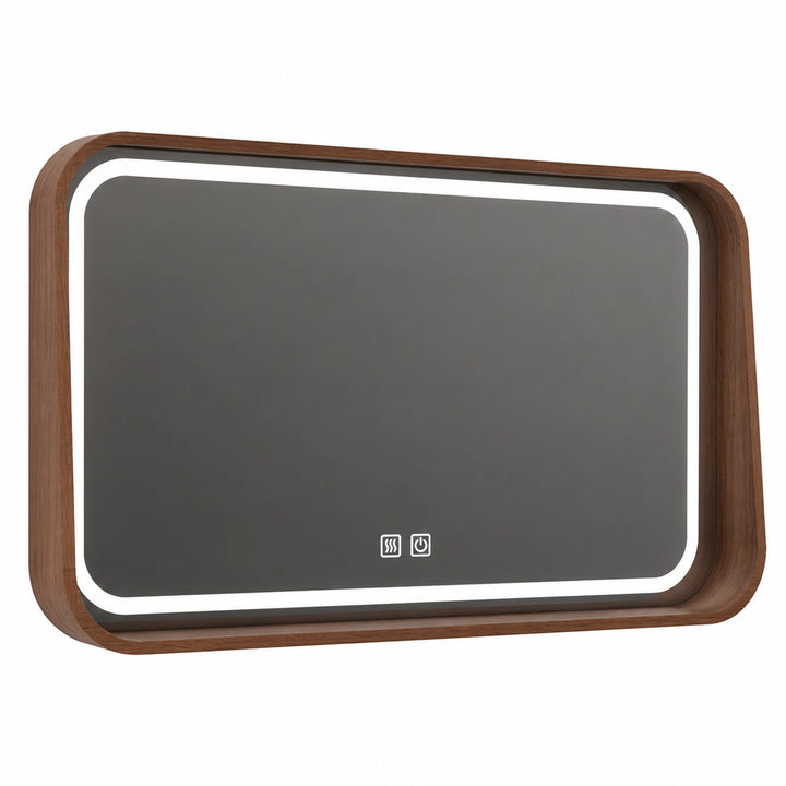 Oslo Walnut Wood Frame Smart LED Mirror with Shelf - white background product image by LUMEVORO