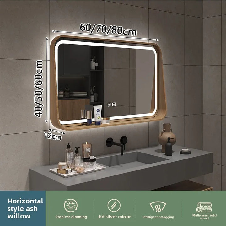 Oslo Walnut Wood Frame Smart LED Mirror with Shelf - product detail view 8 by LUMEVORO