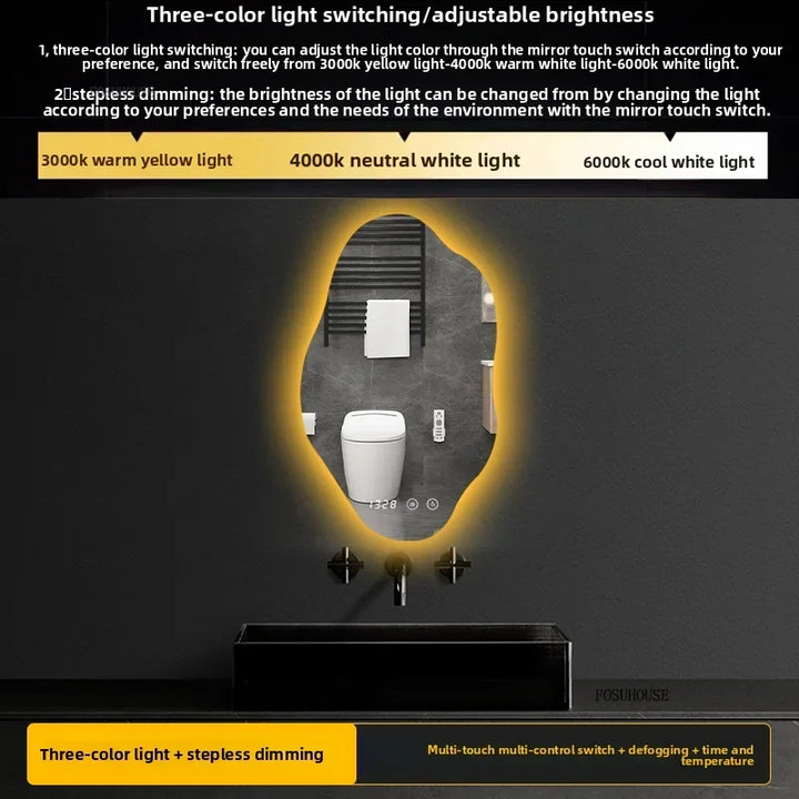 Aura Irregular LED Smart Bathroom Mirror with Defogger - product detail view 27 by LUMEVORO