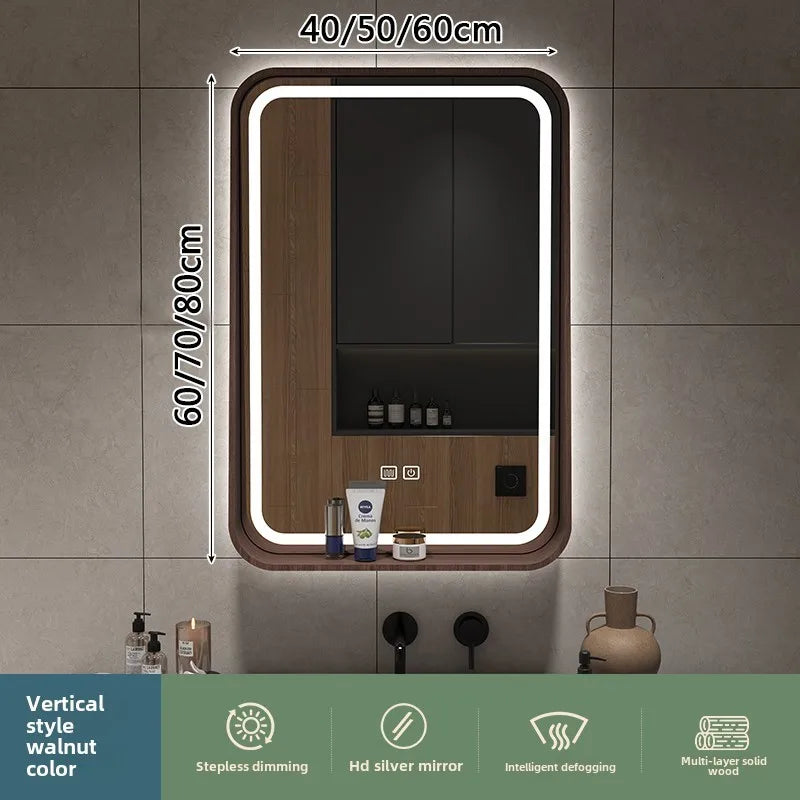 Oslo Walnut Wood Frame Smart LED Mirror with Shelf - product detail view 14 by LUMEVORO