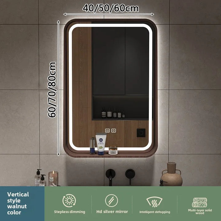 Oslo Walnut Wood Frame Smart LED Mirror with Shelf - product detail view 14 by LUMEVORO