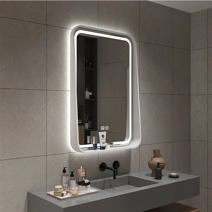 Oslo Walnut Wood Frame Smart LED Mirror with Shelf - product detail view 2 by LUMEVORO