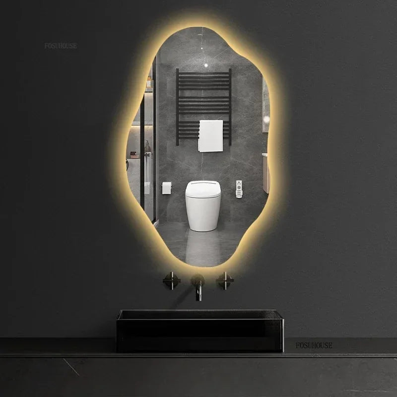 Aura Irregular LED Smart Bathroom Mirror with Defogger - product detail view 2 by LUMEVORO