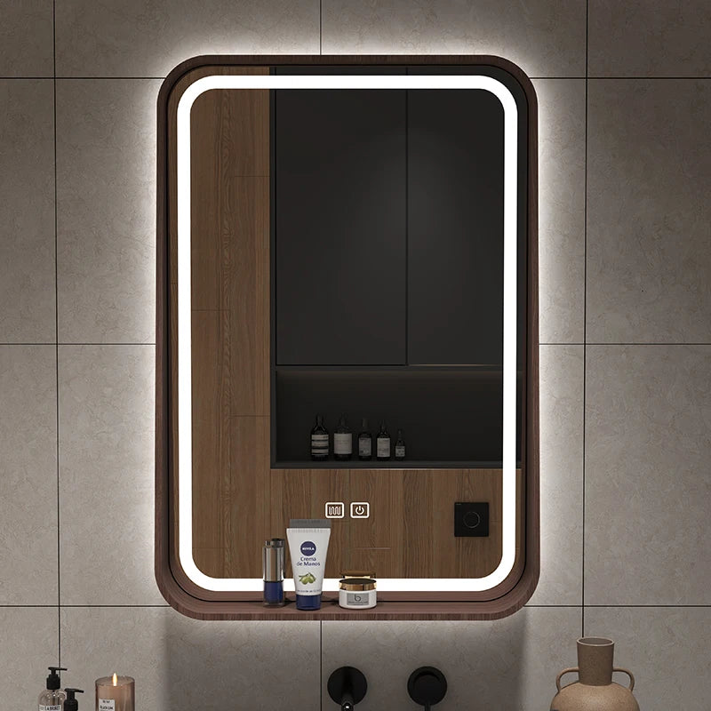 Oslo Walnut Wood Frame Smart LED Mirror with Shelf - product detail view 3 by LUMEVORO