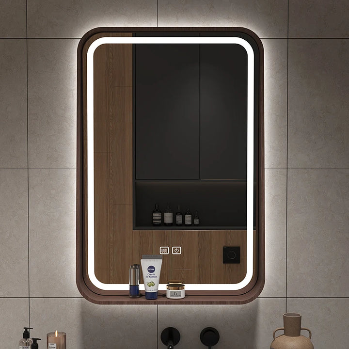 Oslo Walnut Wood Frame Smart LED Mirror with Shelf - product detail view 3 by LUMEVORO