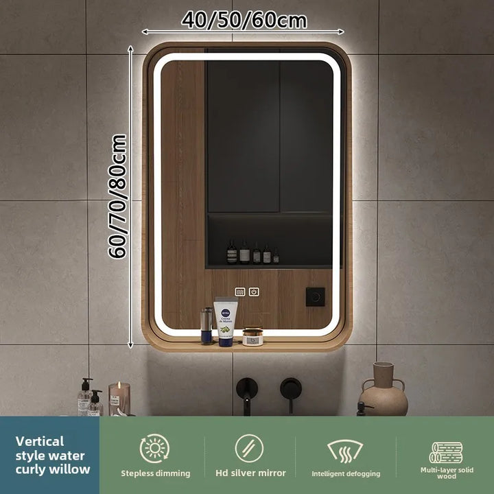 Oslo Walnut Wood Frame Smart LED Mirror with Shelf - product detail view 9 by LUMEVORO