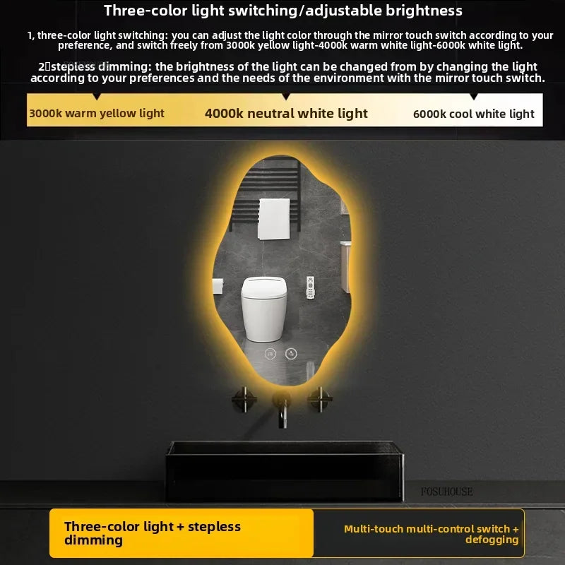 Aura Irregular LED Smart Bathroom Mirror with Defogger - product detail view 12 by LUMEVORO