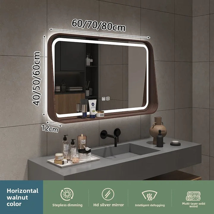 Oslo Walnut Wood Frame Smart LED Mirror with Shelf - product detail view 13 by LUMEVORO