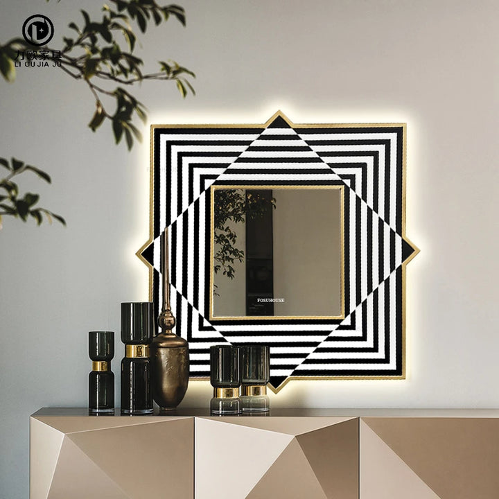 Deco Diamond Black &amp; White Geometric Wall Mirror - product detail view 2 by LUMEVORO